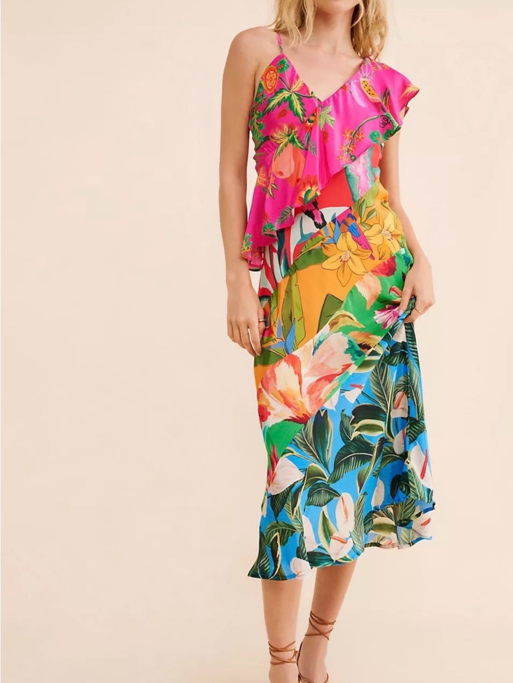FARM Rio Tropical Floral Ruffle Dress in Hot Pink, Yellow, Green, Blue